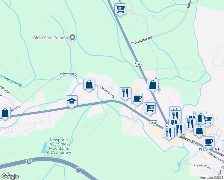 map of restaurants, bars, coffee shops, grocery stores, and more near 769 Thinwood Drive in Newport
