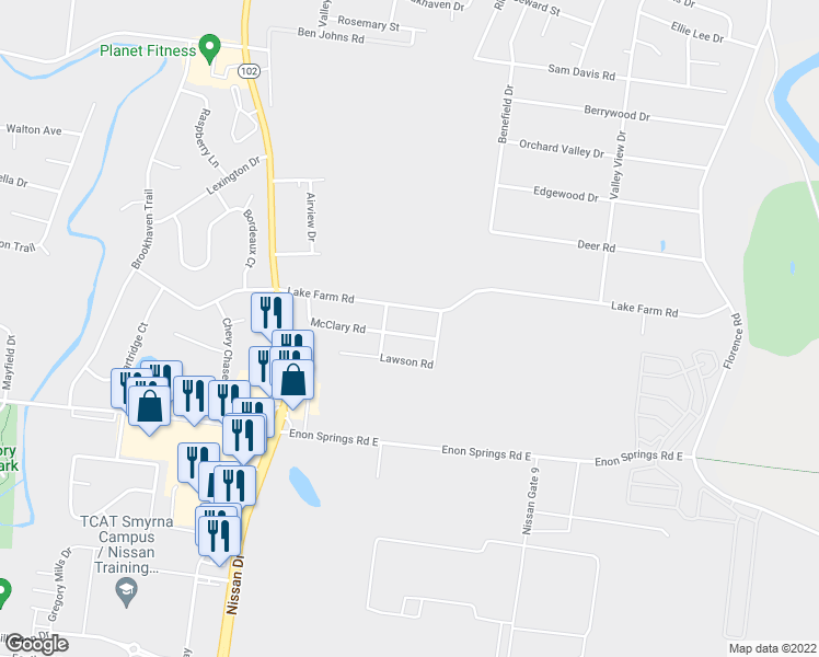 map of restaurants, bars, coffee shops, grocery stores, and more near 427 McClary Road in Smyrna