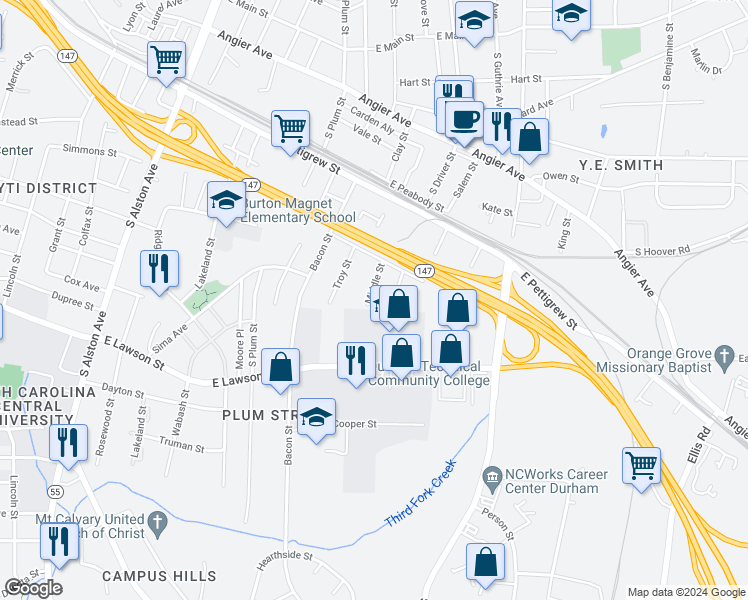 map of restaurants, bars, coffee shops, grocery stores, and more near 625 Middle Street in Durham