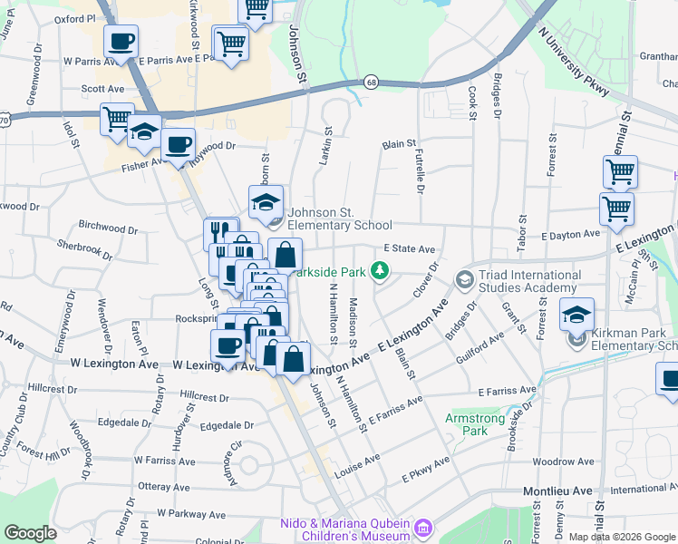 map of restaurants, bars, coffee shops, grocery stores, and more near 1434 North Hamilton Street in High Point