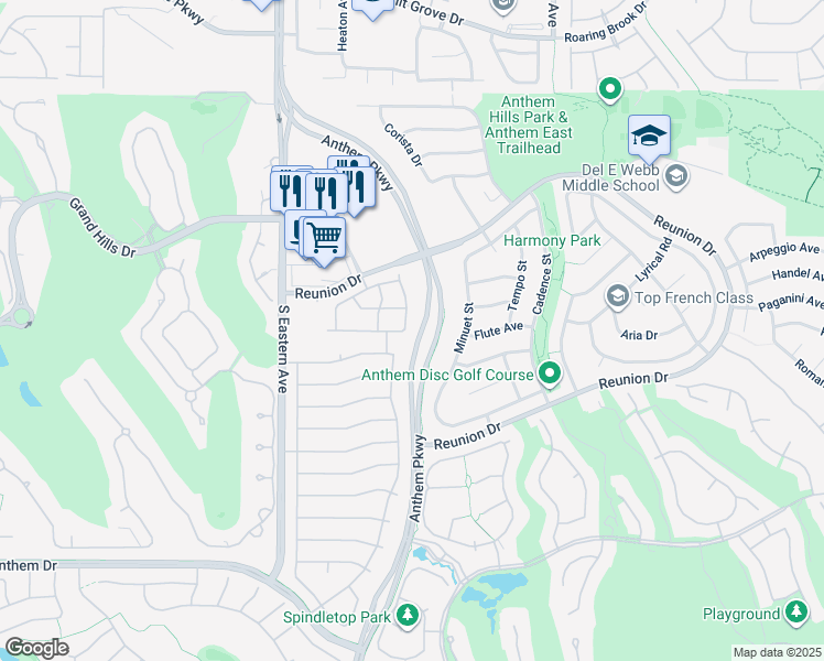 map of restaurants, bars, coffee shops, grocery stores, and more near 1396 Couperin Drive in Henderson