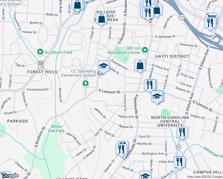 map of restaurants, bars, coffee shops, grocery stores, and more near in Durham