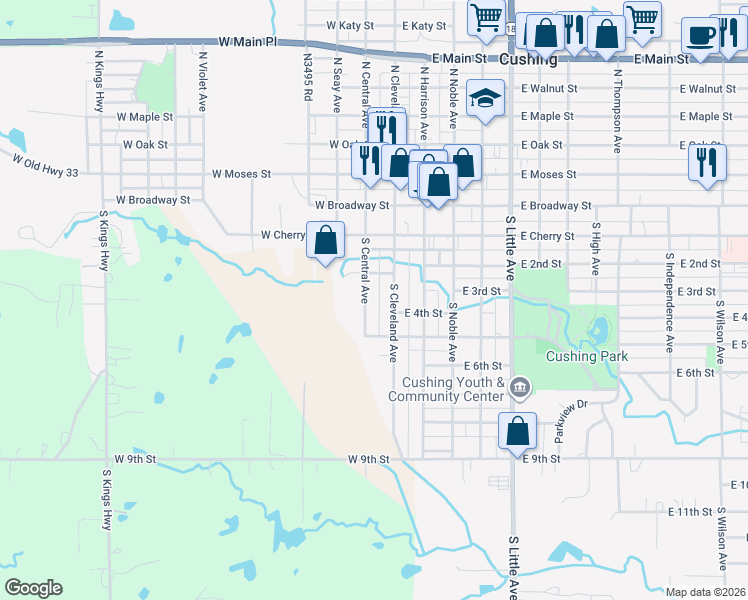 map of restaurants, bars, coffee shops, grocery stores, and more near 417 South Central Avenue in Cushing