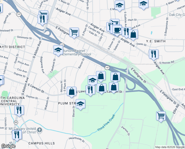 map of restaurants, bars, coffee shops, grocery stores, and more near Middle Street in Durham