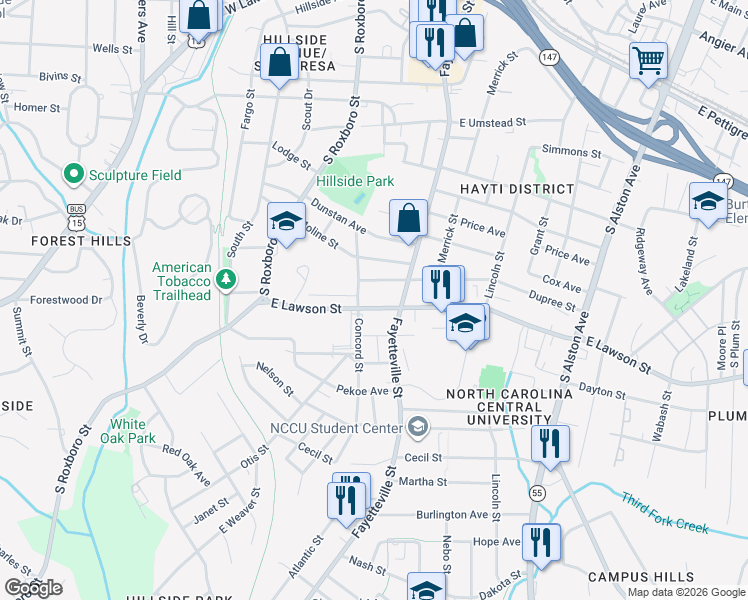map of restaurants, bars, coffee shops, grocery stores, and more near 1800 Fayetteville Street in Durham