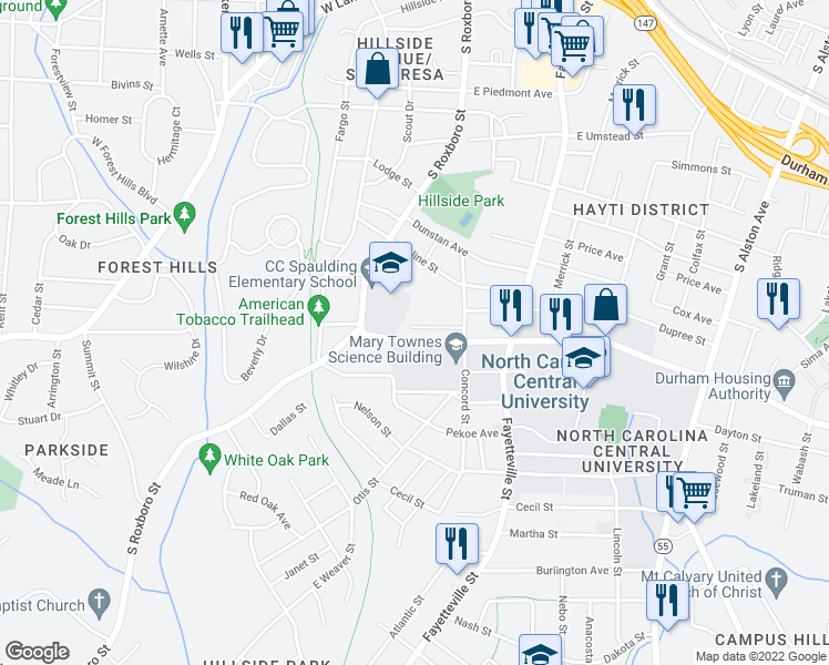 map of restaurants, bars, coffee shops, grocery stores, and more near in Durham