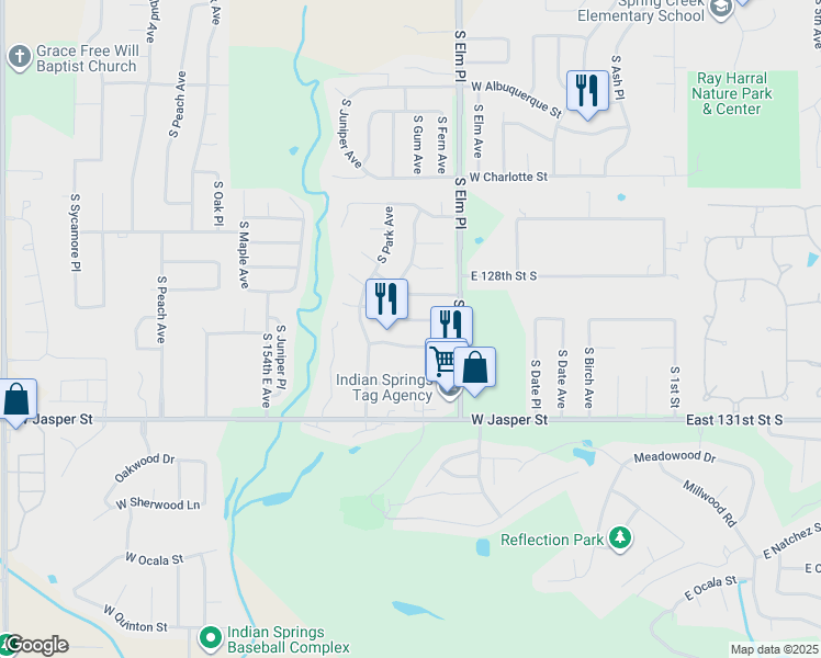 map of restaurants, bars, coffee shops, grocery stores, and more near 7838 South Gum Avenue in Broken Arrow