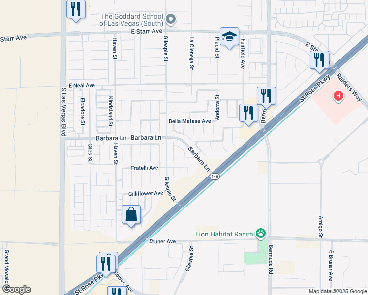 map of restaurants, bars, coffee shops, grocery stores, and more near 11740 Garland Grove Lane in Las Vegas