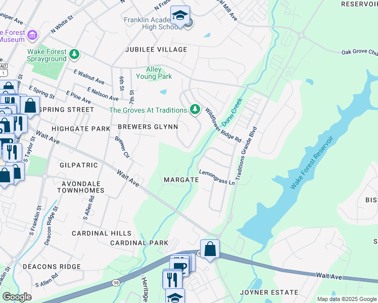 map of restaurants, bars, coffee shops, grocery stores, and more near 909 Lemongrass Lane in Wake Forest