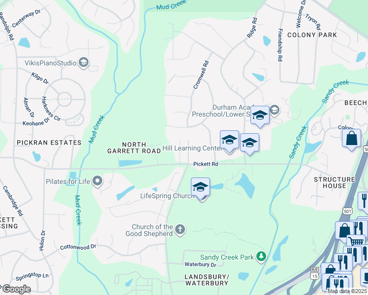map of restaurants, bars, coffee shops, grocery stores, and more near 8 Hopewell Drive in Durham