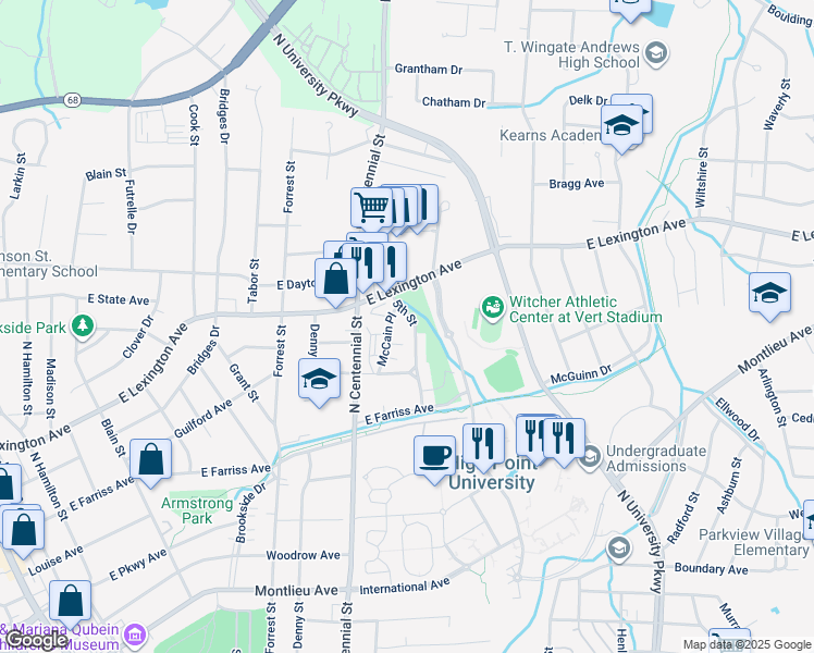 map of restaurants, bars, coffee shops, grocery stores, and more near 1215 5th Street in High Point