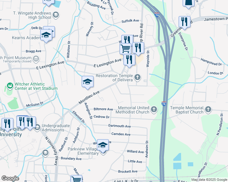 map of restaurants, bars, coffee shops, grocery stores, and more near 842 Cummins Street in High Point