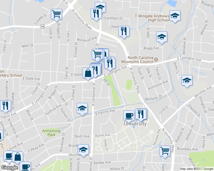 map of restaurants, bars, coffee shops, grocery stores, and more near 1215 5th Street in High Point