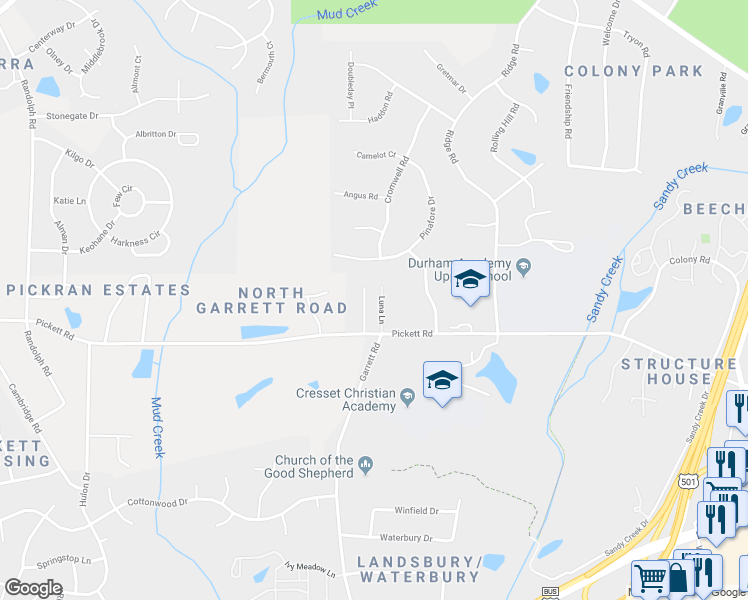 map of restaurants, bars, coffee shops, grocery stores, and more near 8 Hopewell Drive in Durham