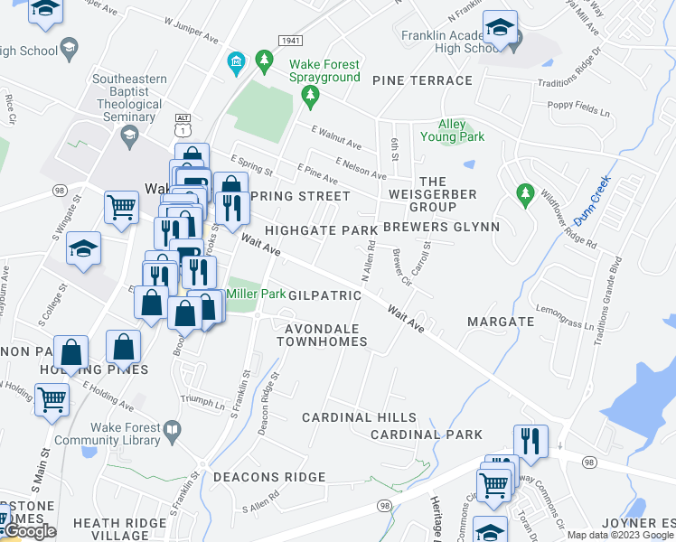map of restaurants, bars, coffee shops, grocery stores, and more near 623 Wait Avenue in Wake Forest