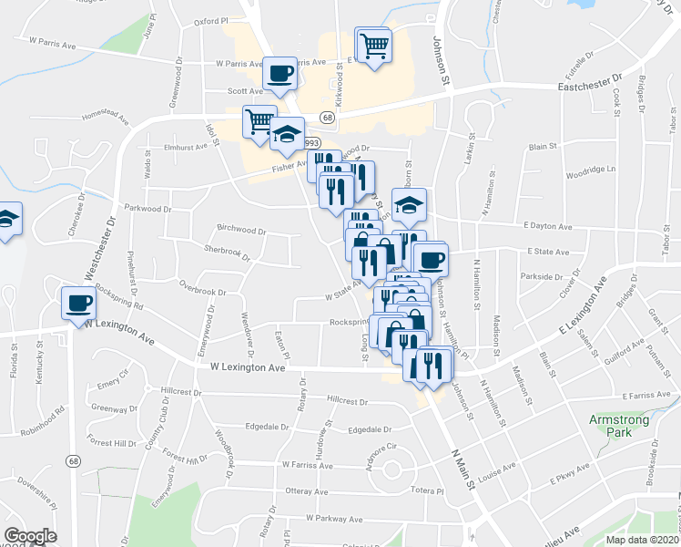 map of restaurants, bars, coffee shops, grocery stores, and more near 1506 Long Street in High Point