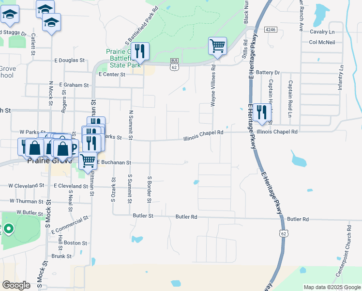 map of restaurants, bars, coffee shops, grocery stores, and more near 732 East Buchanan Street in Prairie Grove