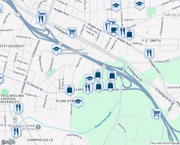 map of restaurants, bars, coffee shops, grocery stores, and more near Middle Street in Durham