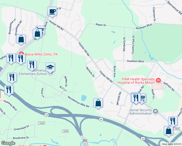 map of restaurants, bars, coffee shops, grocery stores, and more near Nichols Drive in Rocky Mount