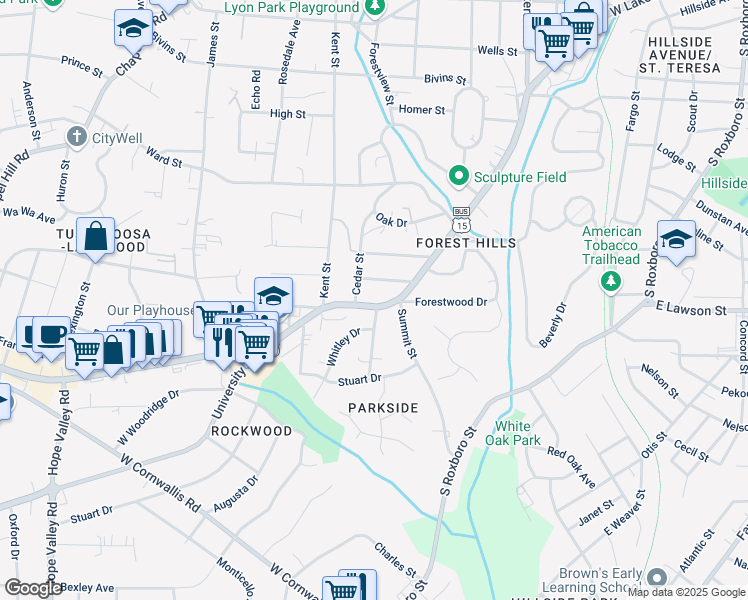 map of restaurants, bars, coffee shops, grocery stores, and more near 2200 University Drive in Durham