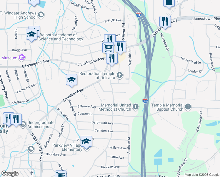 map of restaurants, bars, coffee shops, grocery stores, and more near 1101 Gordon Street in High Point