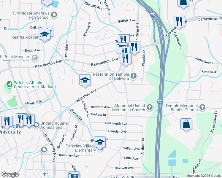 map of restaurants, bars, coffee shops, grocery stores, and more near 842 Cummins Street in High Point