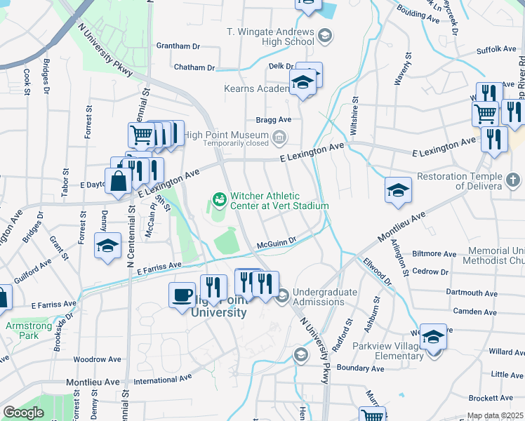 map of restaurants, bars, coffee shops, grocery stores, and more near 1204 Guyer Street in High Point