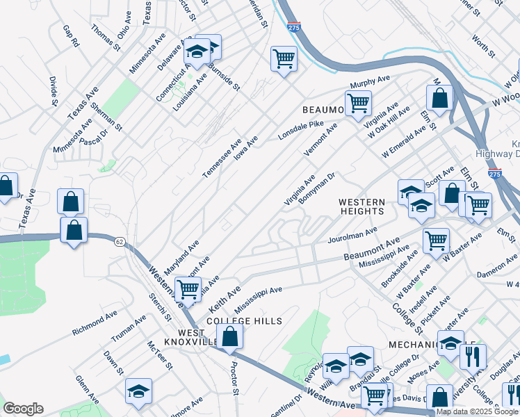 map of restaurants, bars, coffee shops, grocery stores, and more near 1644 Vermont Avenue in Knoxville