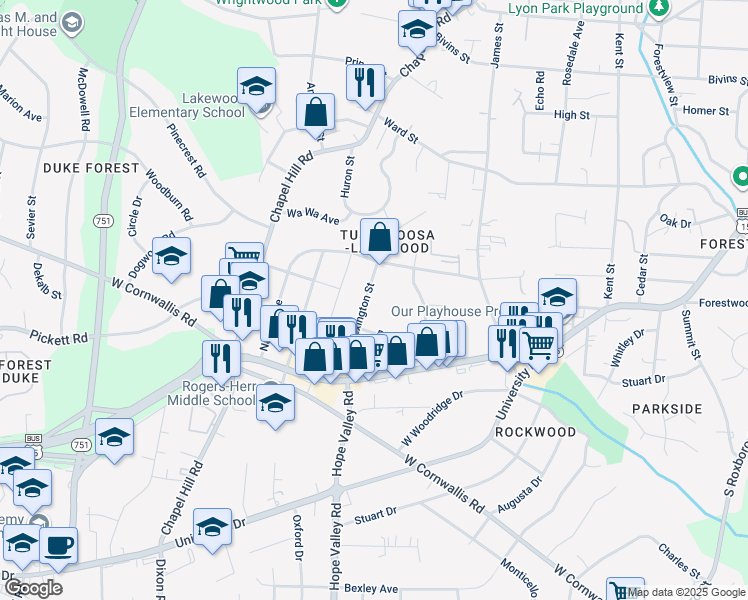 map of restaurants, bars, coffee shops, grocery stores, and more near 2619 Lexington Street in Durham