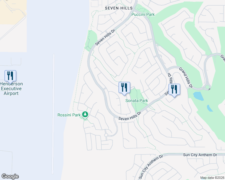 map of restaurants, bars, coffee shops, grocery stores, and more near 1392 Via Merano Street in Henderson