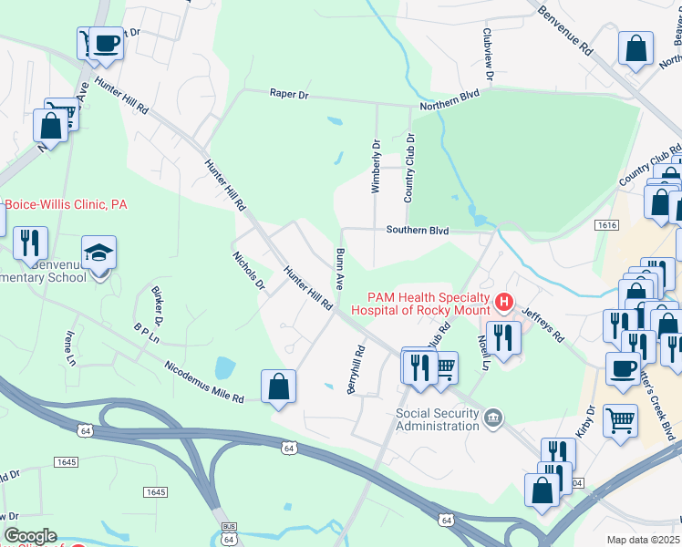 map of restaurants, bars, coffee shops, grocery stores, and more near Bunn Avenue in Rocky Mount