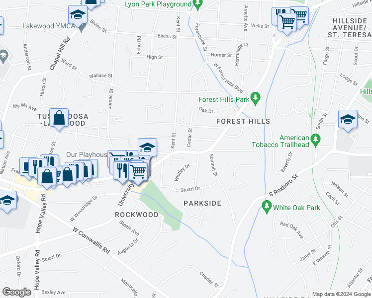 map of restaurants, bars, coffee shops, grocery stores, and more near 2302 University Drive in Durham
