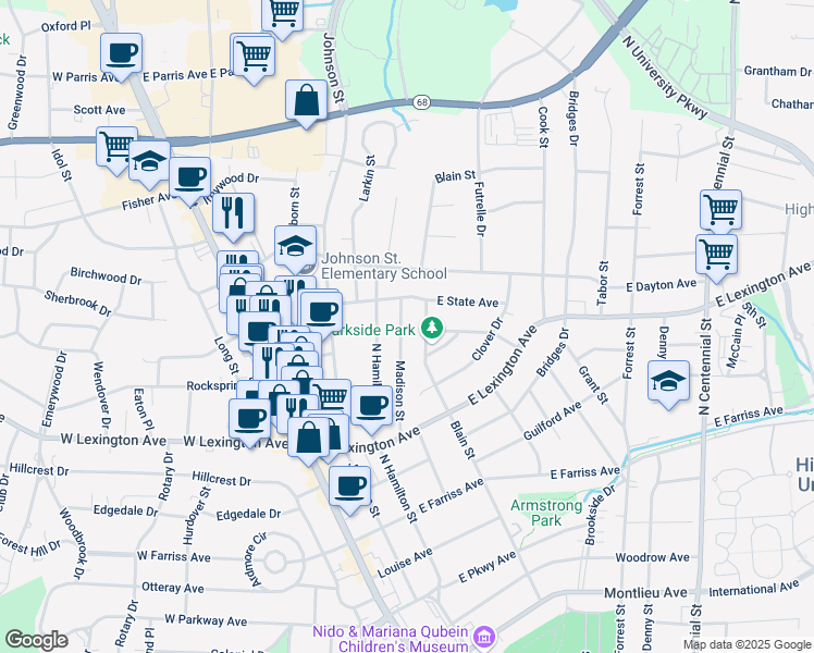 map of restaurants, bars, coffee shops, grocery stores, and more near 506 East State Avenue in High Point