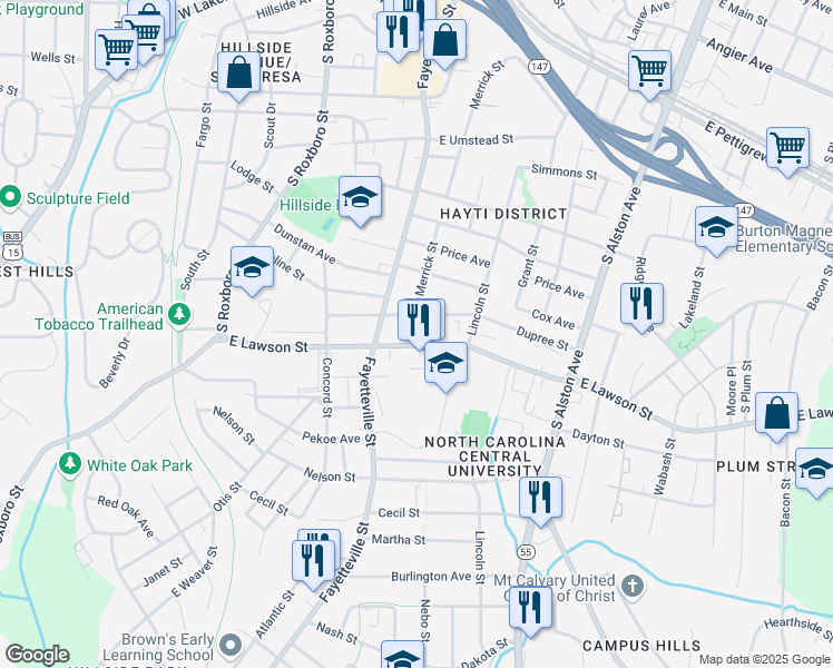 map of restaurants, bars, coffee shops, grocery stores, and more near 505 Dupree Street in Durham