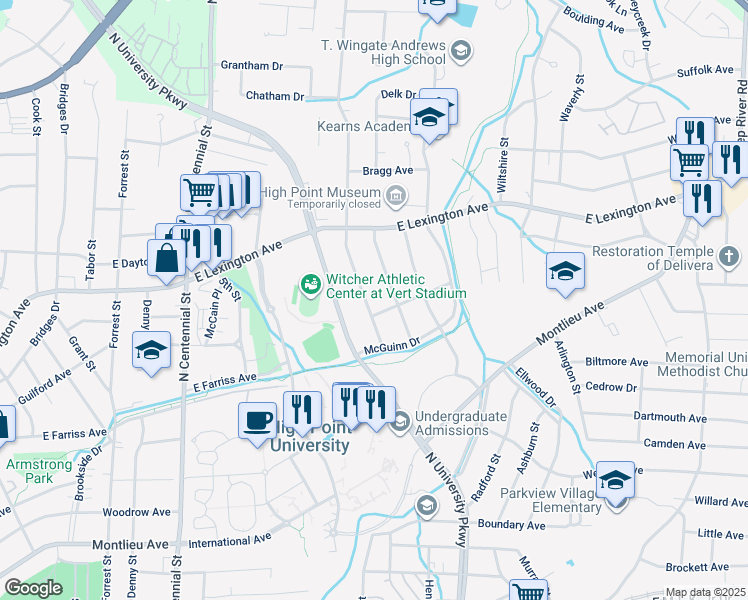 map of restaurants, bars, coffee shops, grocery stores, and more near 1204 Guyer Street in High Point