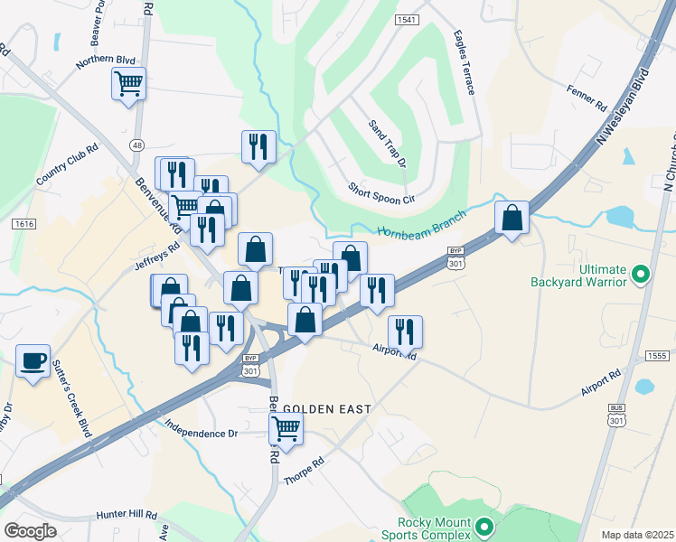 map of restaurants, bars, coffee shops, grocery stores, and more near 600 Tiffany Boulevard in Rocky Mount