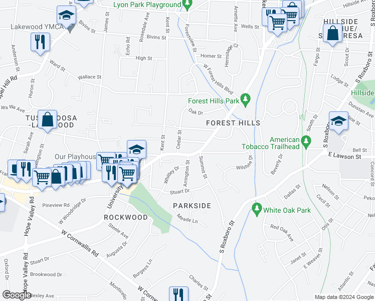 map of restaurants, bars, coffee shops, grocery stores, and more near 2200 University Drive in Durham