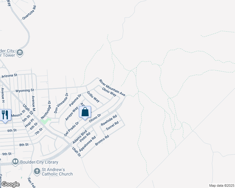 map of restaurants, bars, coffee shops, grocery stores, and more near 1133 Olmo Way in Boulder City
