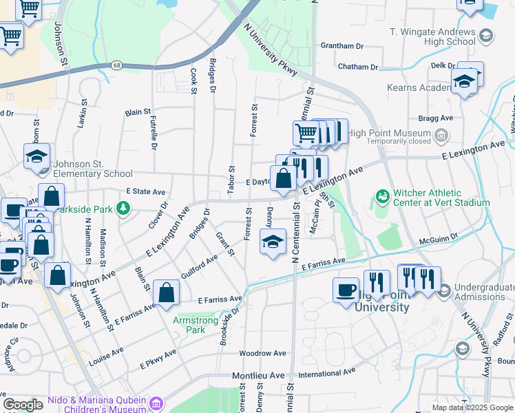 map of restaurants, bars, coffee shops, grocery stores, and more near 905 East Lexington Avenue in High Point