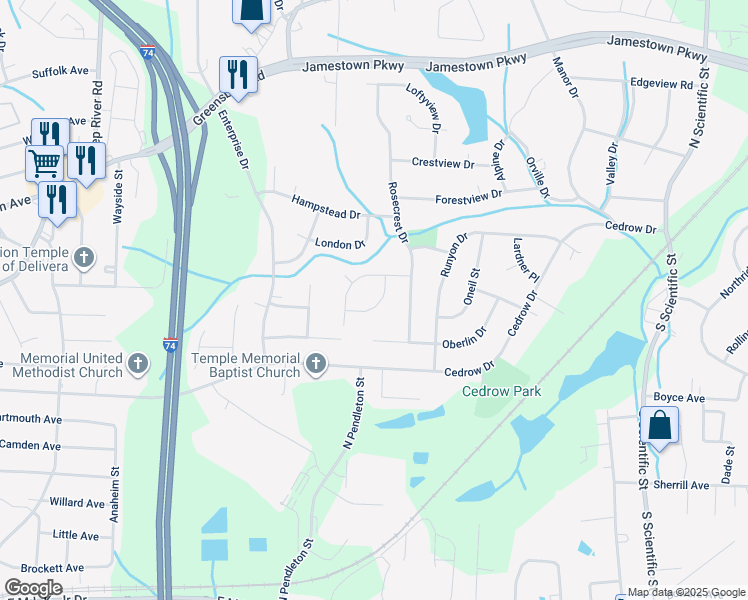 map of restaurants, bars, coffee shops, grocery stores, and more near 1615 Tracer Place in High Point