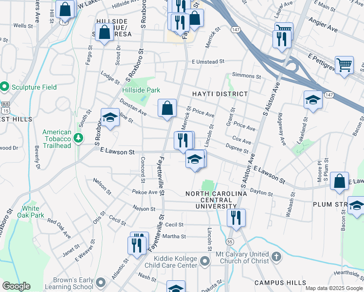 map of restaurants, bars, coffee shops, grocery stores, and more near 505 Dupree Street in Durham