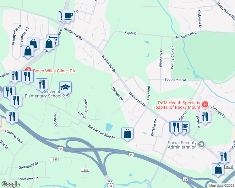 map of restaurants, bars, coffee shops, grocery stores, and more near Nichols Drive in Rocky Mount