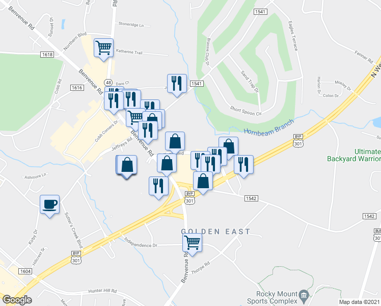 map of restaurants, bars, coffee shops, grocery stores, and more near 801 Tiffany Boulevard in Rocky Mount