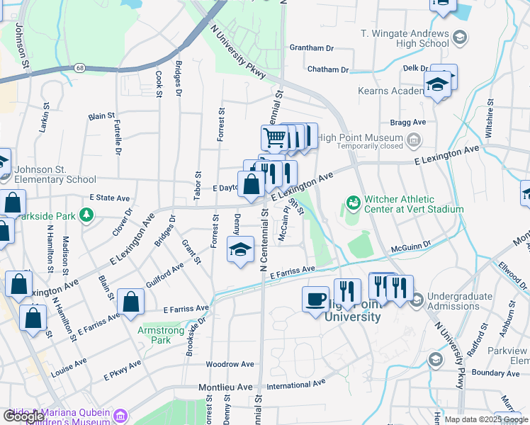 map of restaurants, bars, coffee shops, grocery stores, and more near 1352 North Centennial Street in High Point