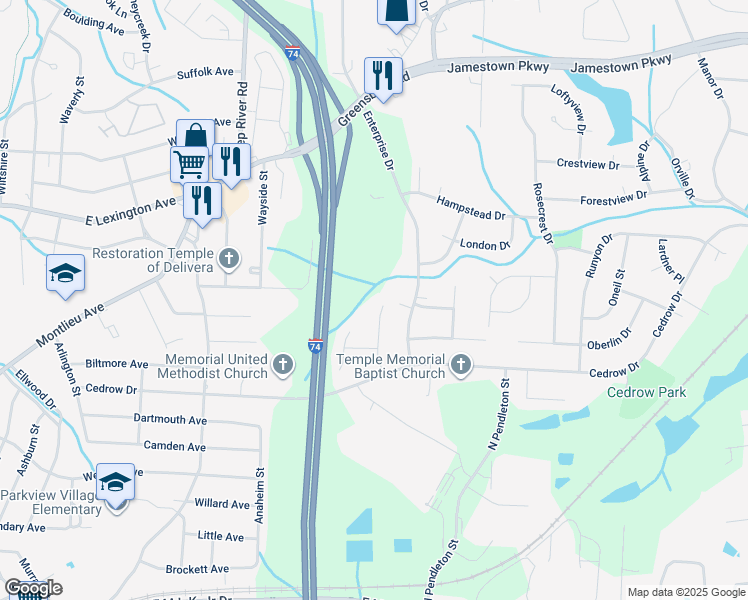 map of restaurants, bars, coffee shops, grocery stores, and more near 615 Birdwood Way in High Point