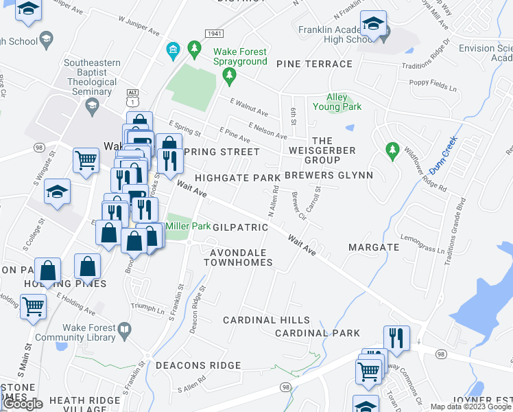map of restaurants, bars, coffee shops, grocery stores, and more near 627 Wait Avenue in Wake Forest