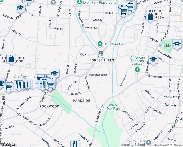 map of restaurants, bars, coffee shops, grocery stores, and more near 109 Forestwood Drive in Durham