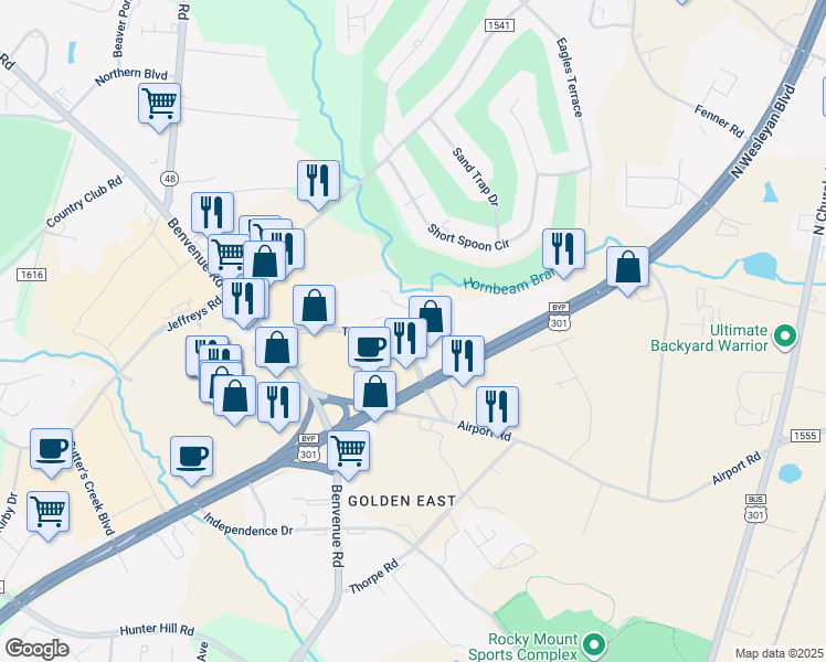 map of restaurants, bars, coffee shops, grocery stores, and more near 600 Tiffany Boulevard in Rocky Mount