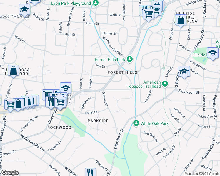 map of restaurants, bars, coffee shops, grocery stores, and more near 109 Forestwood Drive in Durham