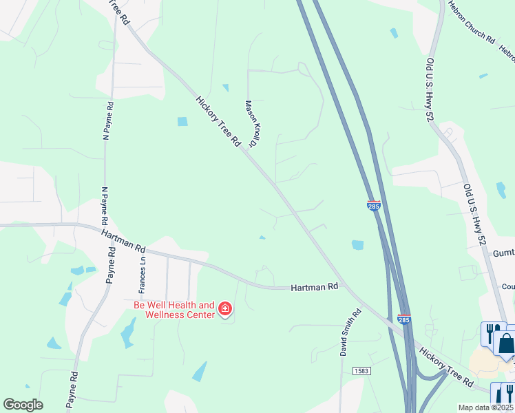 map of restaurants, bars, coffee shops, grocery stores, and more near 1243 Hickory Tree Road in Winston-Salem